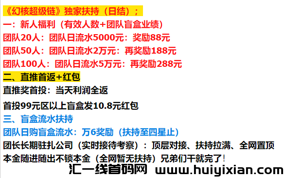 幻核超汲涟扶持置顶（盲盒搬砖）净态日润3.2%+团队管道高达50%（跨年䭭选项目）-汇一线首码网